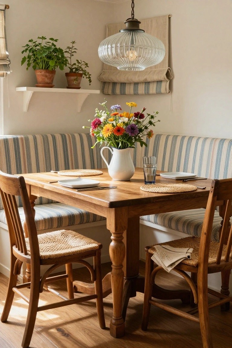 A sunlit kitchen nook with a blue-and-white striped built-in bench, wooden dining table set with white plates and coasters, two rush chairs, a white jug of colorful flowers, potted plants on shelves, and a glass pendant light overhead.