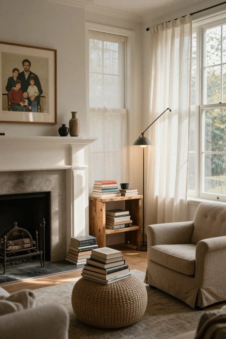 A sunlit living room corner with a white stone fireplace, wooden bookshelf stacked with books and a mug, tall stacks of books on a woven ottoman, a beige armchair, large windows with sheer curtains, and a family portrait on the wall.
