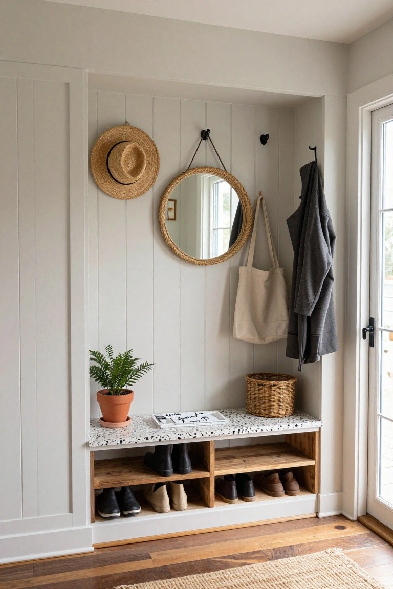 White shiplap-walled entry nook with wooden bench featuring terrazzo top and open shoe storage below, hooks holding gray coat and beige tote bag, round rattan mirror, potted fern, straw hat, and wicker basket on shelf, beside glass door with wood floors.