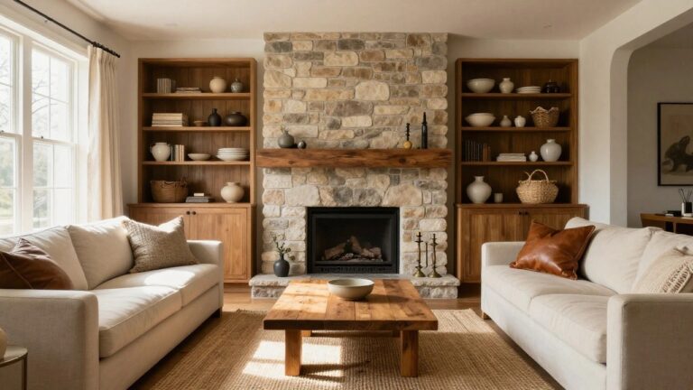 Living room interior with stone fireplace, wooden built-in cabinets displaying white bowls and pottery, cream sofa with rust pillows and throw, wooden coffee table on jute rug, leather armchair, and tall lamp near window.