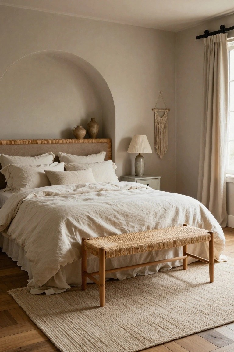Bedroom interior with beige walls, arched niche holding two terracotta pots, rattan-trimmed upholstered headboard on king bed with layered white linen bedding, seagrass bench at foot of bed, nightstand with ceramic lamp, macrame wall hanging, linen curtains, and seagrass rug on wood floors.