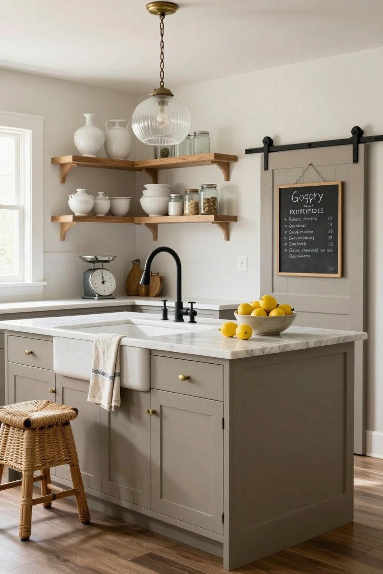 Gray-painted kitchen island with white apron-front sink, black faucet, draped linen towel, brass pulls, rattan stool, white marble countertop, lemons in bowl, next to white cabinets, scale, and open wood shelves with white pottery in a light kitchen with barn door and chalkboard.