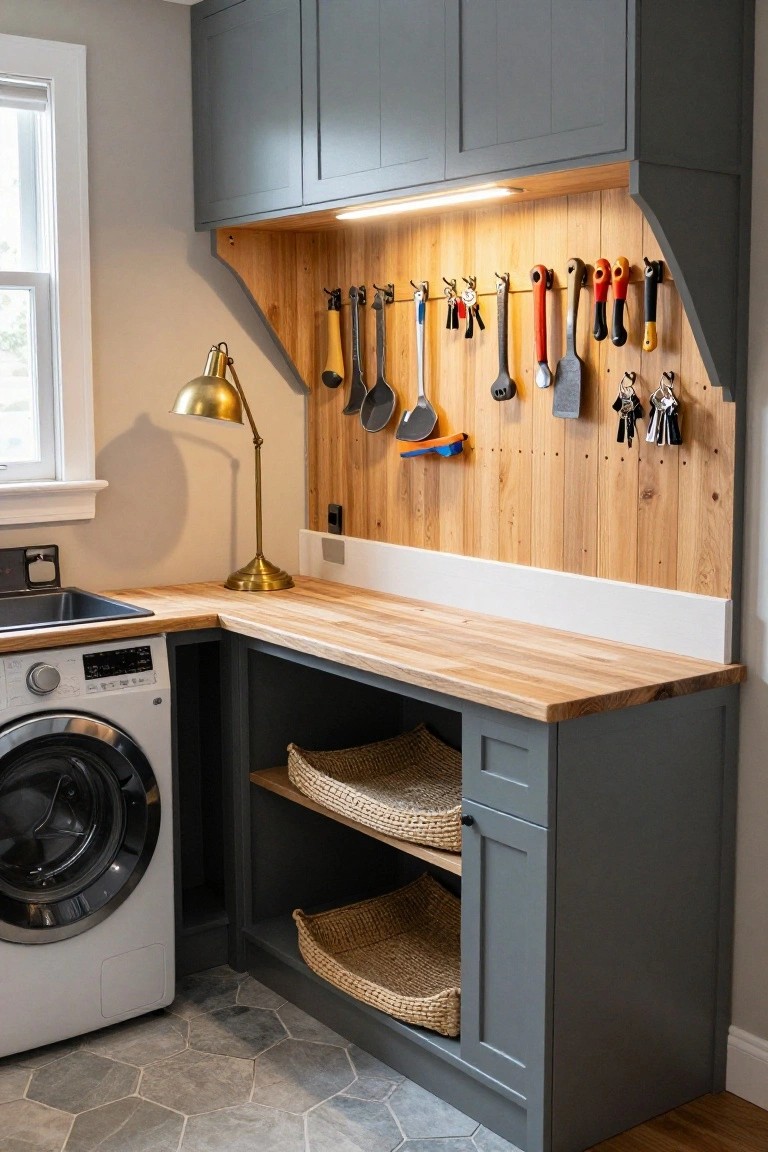 Laundry room interior with gray cabinets, wooden pegboard wall holding hanging utensils, tools, and keys, butcher block countertop with sink, gold desk lamp, and white front-loading washer on hexagonal gray tile floor.