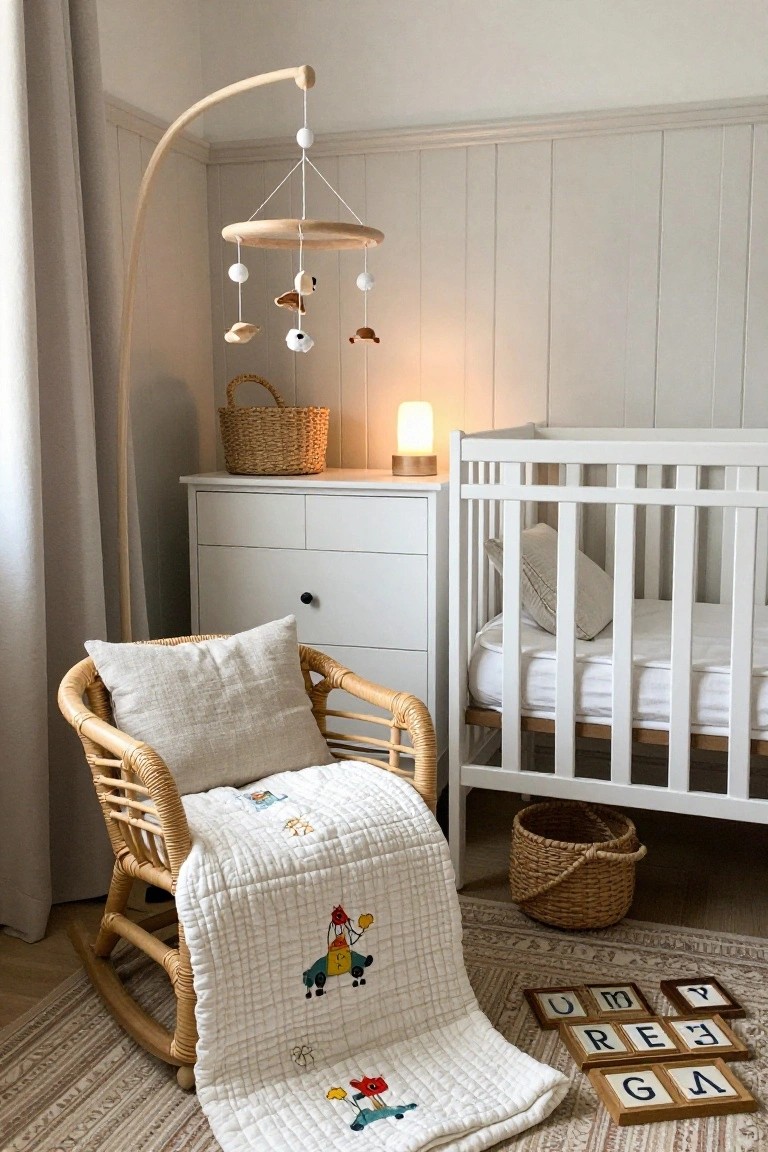 White paneled nursery corner with rattan rocking chair draped in white embroidered quilt, wooden crib with pillow, dresser, arched floor lamp with mobile, wicker baskets, and wooden alphabet blocks on rug.