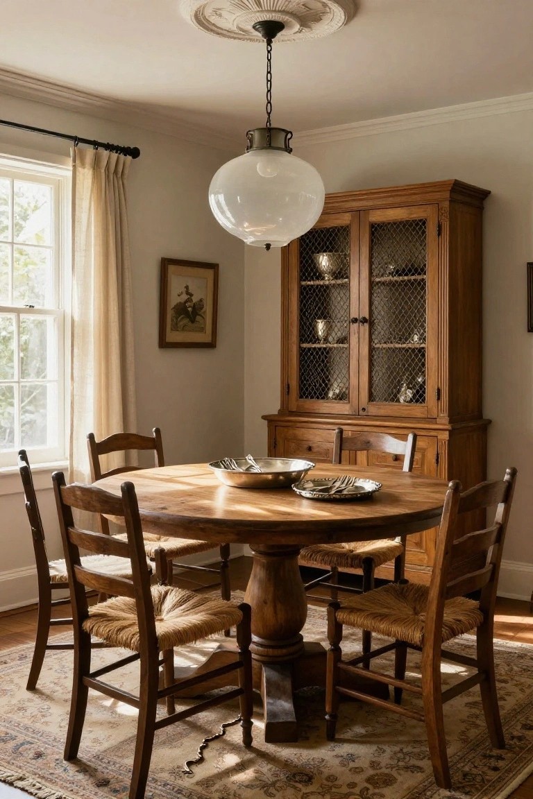 Dining room corner with round wooden pedestal table, four wooden ladderback chairs with rush seats, adjacent wooden glass-front cabinet displaying silver cups and bowls, white globe pendant light overhead, sheer curtains on window, and patterned rug on wood floor.