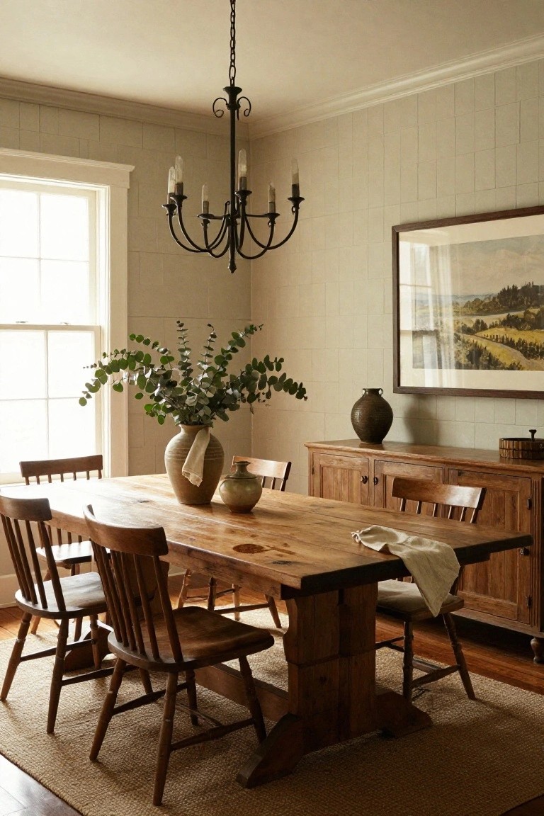 Dining room with large rectangular raw wood table and matching wooden chairs around it, eucalyptus stems in terracotta vase on table, wooden sideboard with pottery, brass five-arm chandelier overhead, landscape painting on wall, beige subway tile walls, window with natural light.