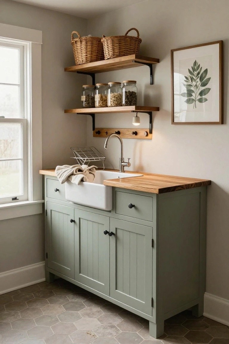 Laundry room with sage green shaker-style cabinets below a white farmhouse sink on butcher block countertop, wood shelves holding glass jars and wicker baskets, metal towel rack, and gray hexagon tile floor next to a window.