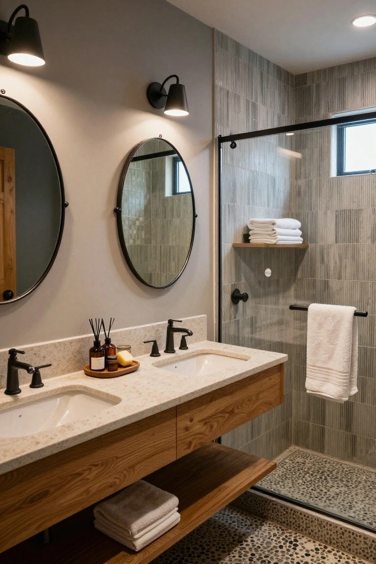 Modern bathroom interior with floating wooden double vanity, two round black-framed mirrors, gray vertical tile shower enclosure with glass door, black faucets, and pebble flooring.