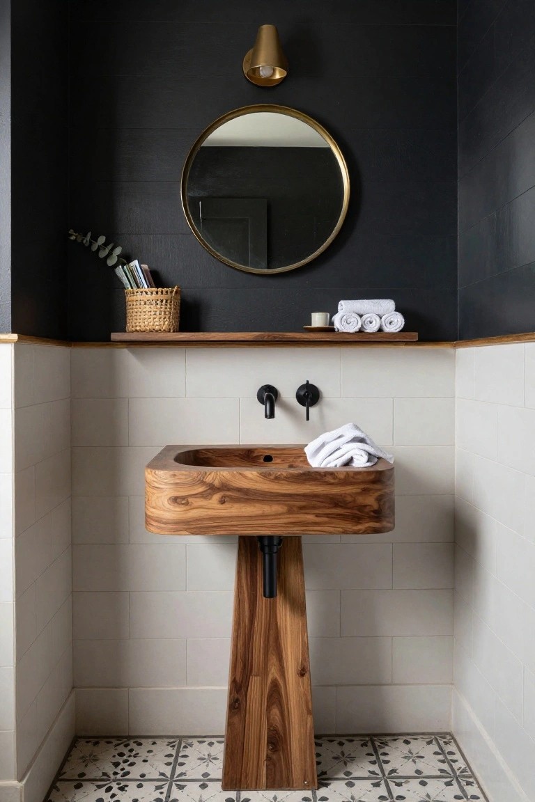 Small powder room with curved wooden sink basin on pedestal base, round brass mirror, black wall tiles on one side, white subway tiles on the other, woven basket shelf, and black-and-white patterned floor tiles.