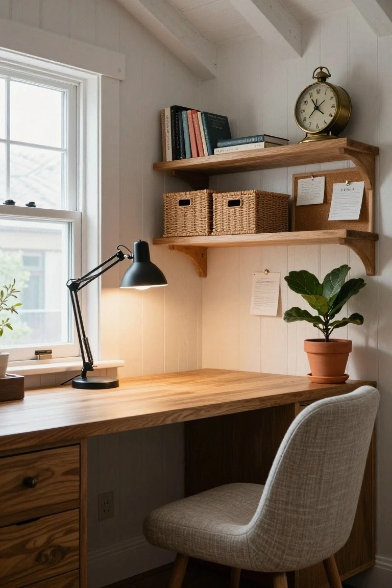 Wooden desk with drawers and overhead oak shelves holding books, wicker baskets, clock, and plants in a white paneled room with window and a fabric armchair.