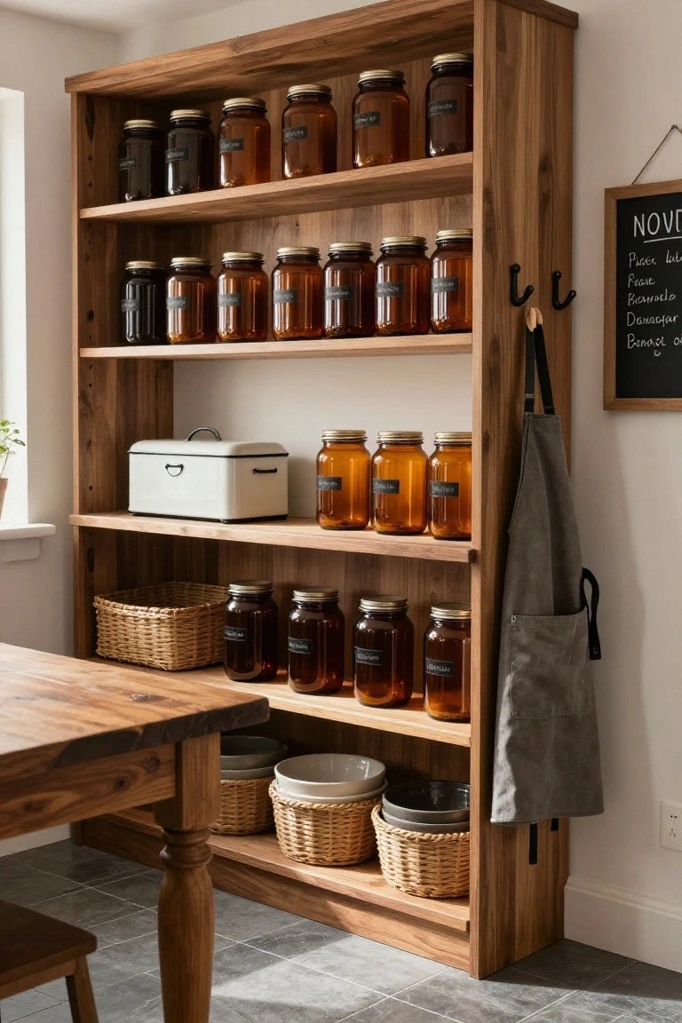 Tall wooden shelving unit stocked with labeled amber and clear glass jars of dry goods in a kitchen, with a wooden table, woven baskets, and hanging apron nearby.