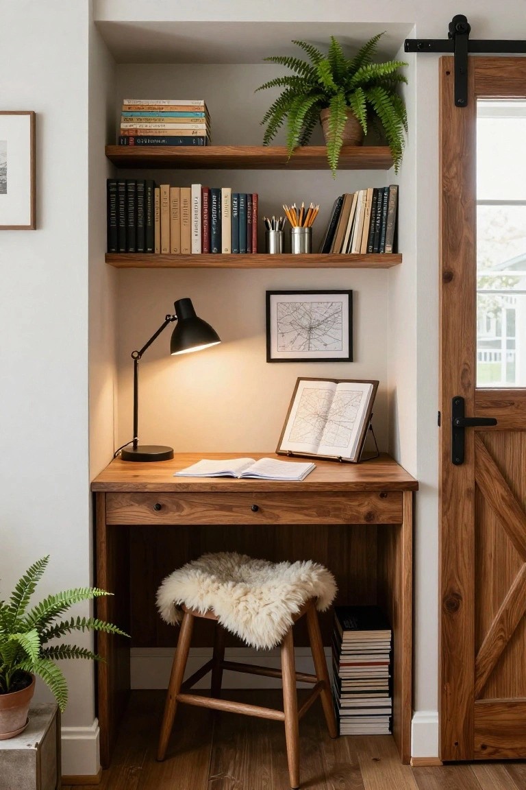 Wooden desk nook in an alcove with oak shelves holding books and pencils, adjustable black desk lamp, open ledger book on stand, sheepskin-topped stool, ferns in pots, and sliding barn door nearby.
