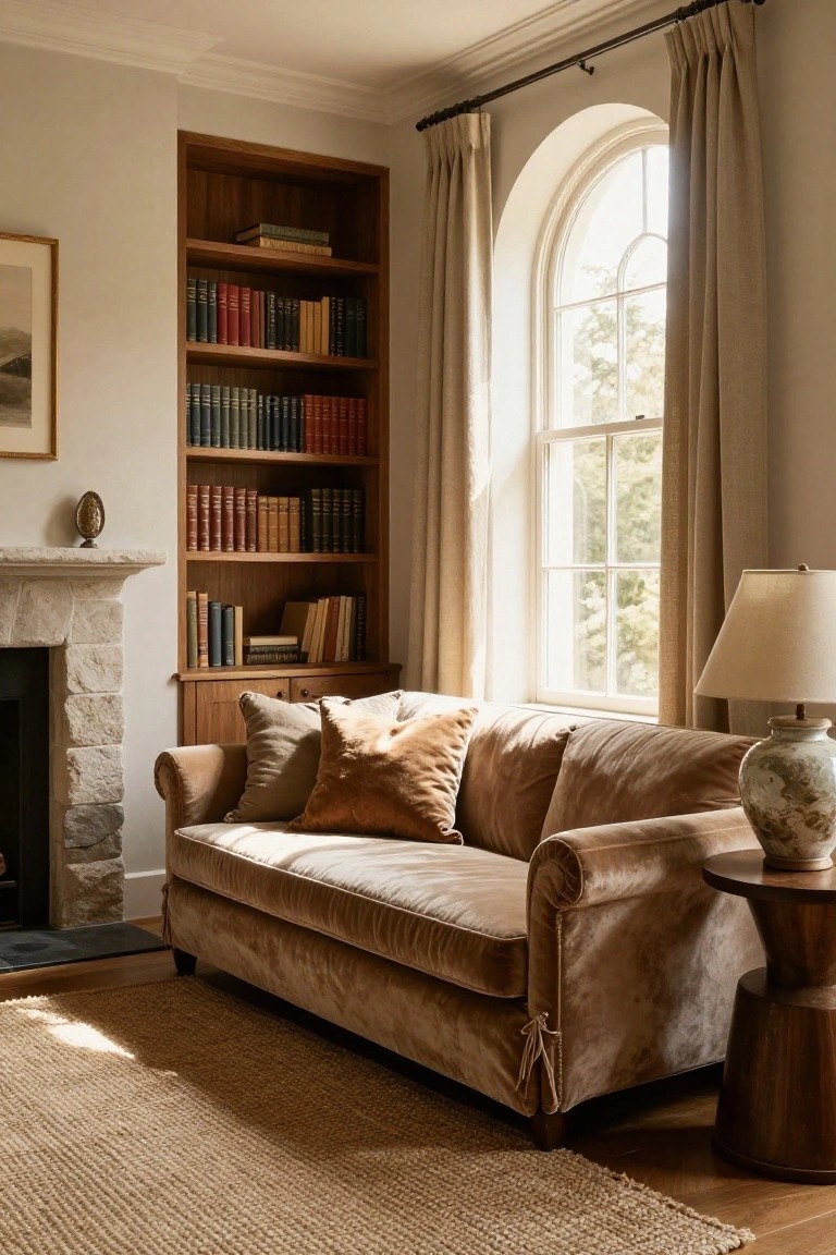 A sunlit living room corner with a plush beige velvet sofa facing a stone fireplace, wooden bookshelves filled with books along the wall, an arched window draped in beige curtains, a table lamp on a side table, and a seagrass rug on hardwood floors.