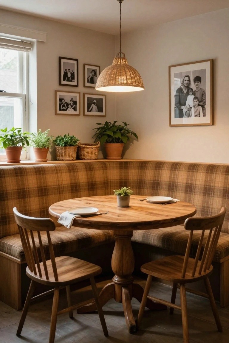 Kitchen nook with L-shaped plaid banquette seating, round wooden table set for two, wooden chairs, potted herbs on shelves, and framed photos on beige walls under a rattan pendant light.