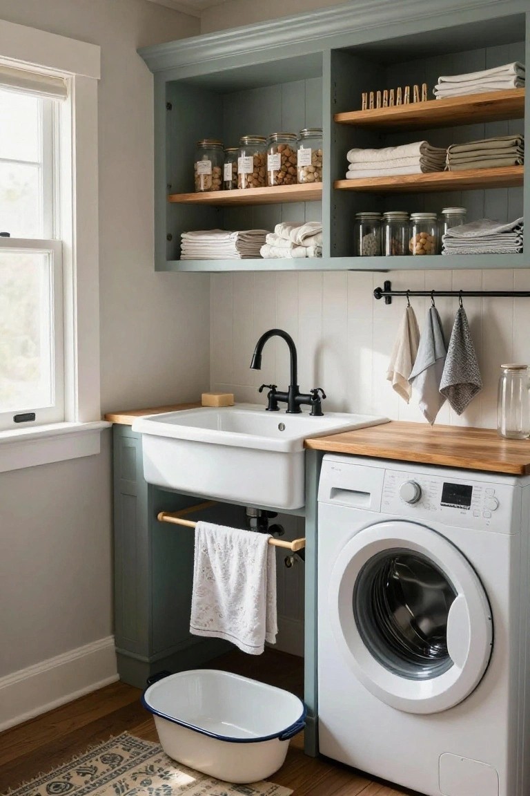 Laundry room interior with sage green painted cabinets, open wooden shelves stocked with jars, towels, and linens, white farmhouse sink with black faucet, front-loading washer, and blue enamel basin on wooden floor.