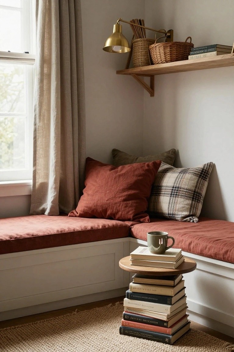 Corner indoor window seat bench upholstered in rust linen with olive and plaid pillows, green mug on stack of books atop wooden stool, wooden floating shelf with baskets and books above, linen curtains on window, seagrass rug on floor.