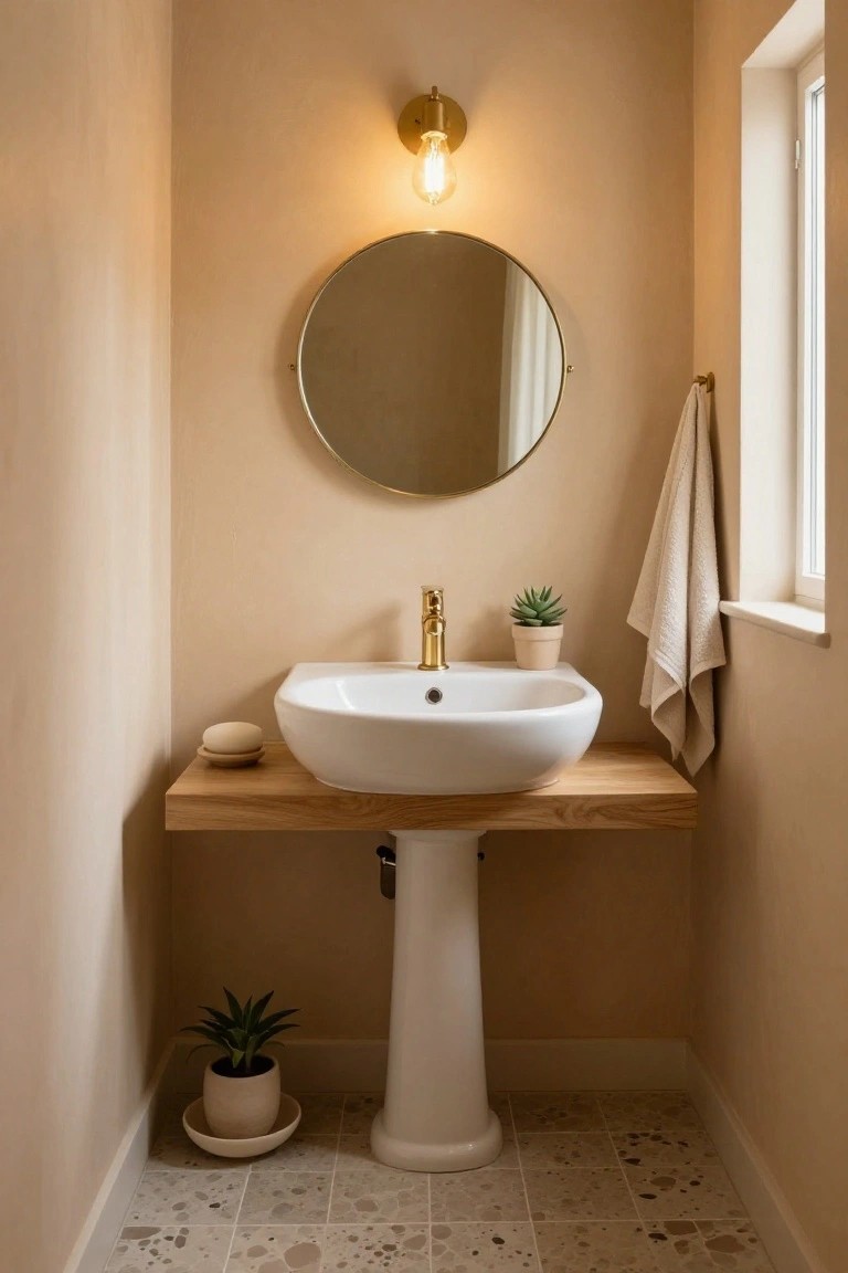 A small beige-walled bathroom with a white vessel sink on a floating oak wood shelf, gold bamboo-style faucet, round gold mirror, potted plants, folded towel on a rail, soap dish, and terrazzo floor tiles.