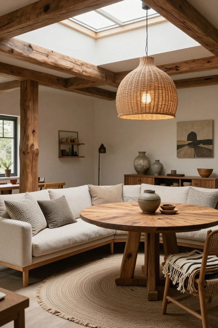 Interior of a cozy living-dining room featuring exposed wooden beams on the ceiling, a skylight, beige L-shaped sofa, round wooden dining table, rattan pendant lamp, wooden cabinets, and neutral pottery.
