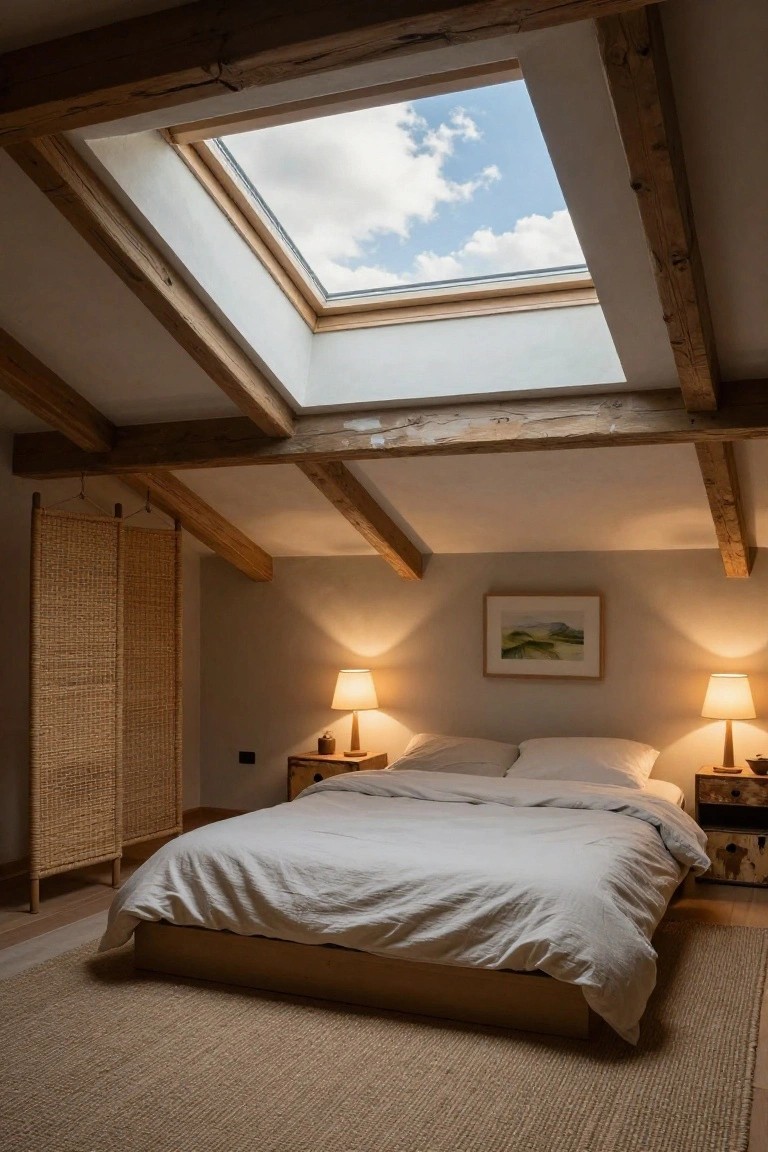 Bedroom with exposed dark wooden beams on the ceiling, central skylight showing blue sky and clouds, low wooden platform bed with white linens, bamboo folding screen, two bedside tables with lamps, and a small landscape painting on the wall.