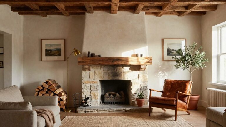 20 Warm Rustic Cozy Interior Ideas For A Relaxed Feel Living room with exposed wooden ceiling beams, white plaster walls, stone fireplace under wooden mantel, firewood basket, leather armchairs, linen sofa, bookshelves, plants, and arched window.