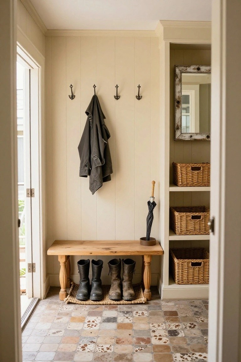 Interior mudroom with beige paneled walls, wooden bench holding tall black boots underneath, gray jacket on brass hooks above, black umbrella on wooden stand, wicker baskets on open shelves, and multicolored tile floor.