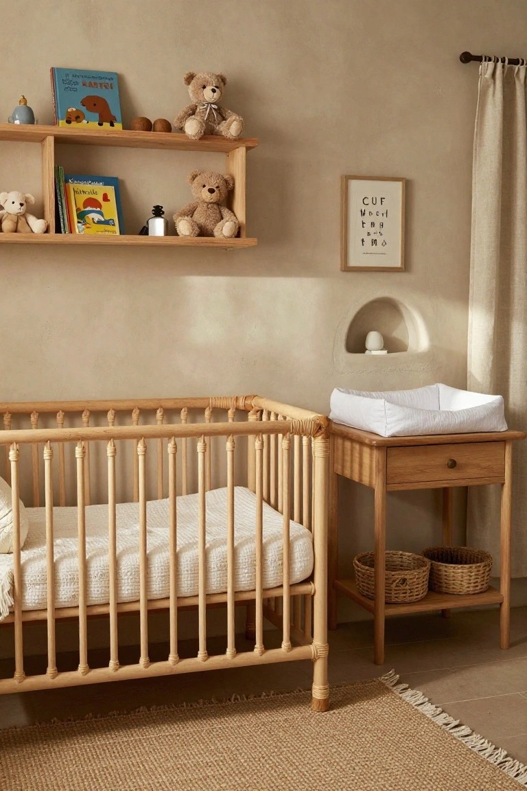 Beige nursery interior with wooden crib, adjacent oak changing table with white pad, wooden shelves displaying books and teddy bears, neutral curtains, and woven baskets.