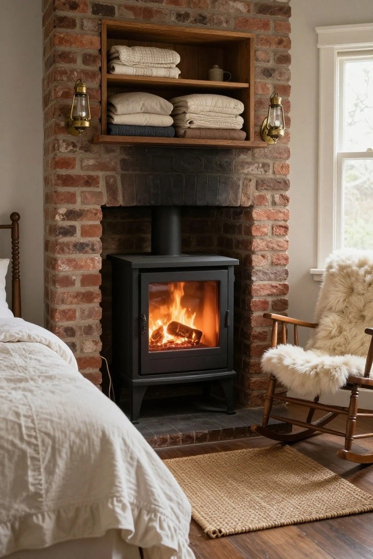 Cozy bedroom corner with black metal wood-burning stove in brick surround, lit fire inside, wooden bed with white linens, rocking chair covered in white sheepskin, wooden shelves holding folded towels, and wall lanterns.