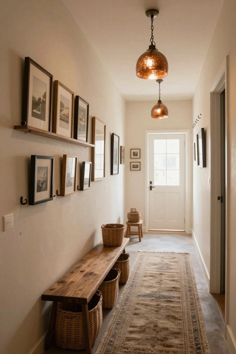 Narrow beige hallway with wooden frames and photos on a shelf and hooks along one wall, two copper pendant lights from ceiling, wooden bench with wicker baskets underneath, small stools with baskets nearby, runner rug on floor leading to white door.