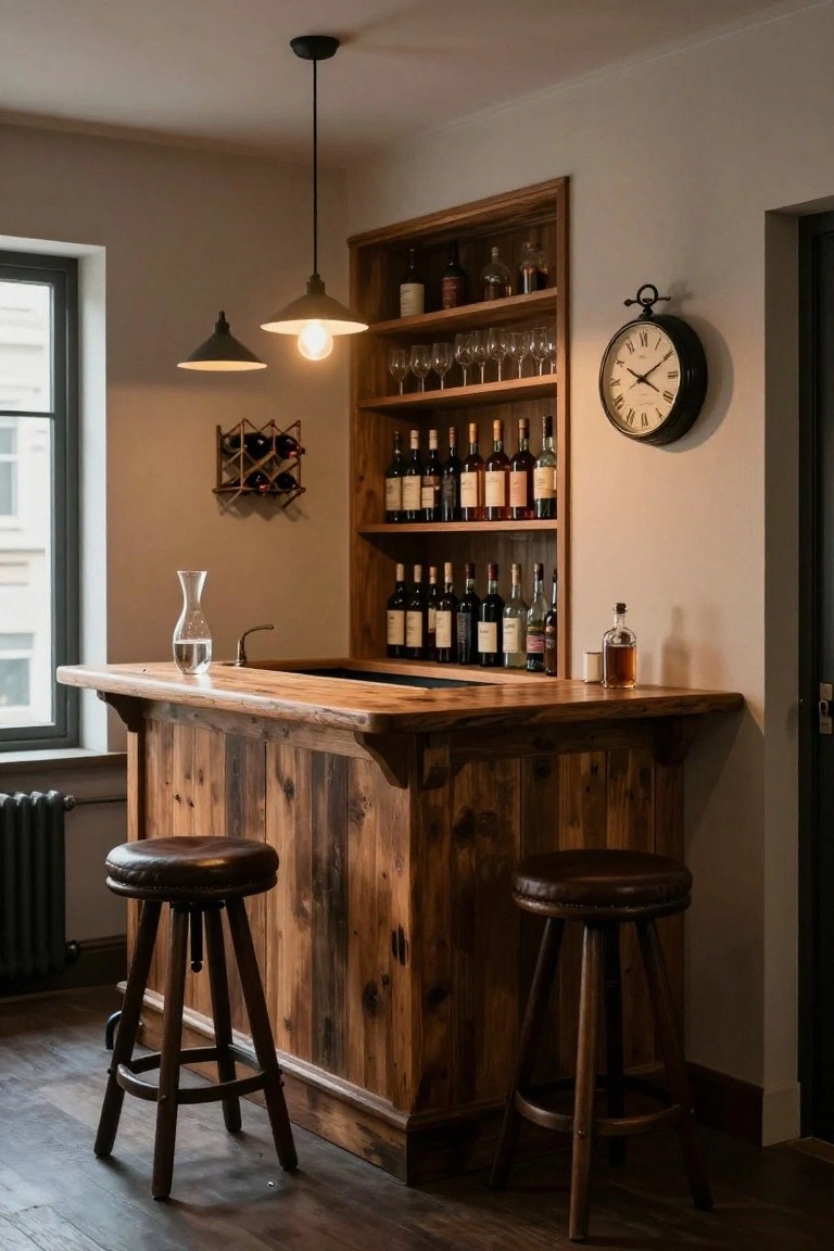 Rustic wooden home bar with built-in shelves stocked with wine bottles and liquor, leather-topped barstools, pendant lights, and a wall clock in a warmly lit interior room.