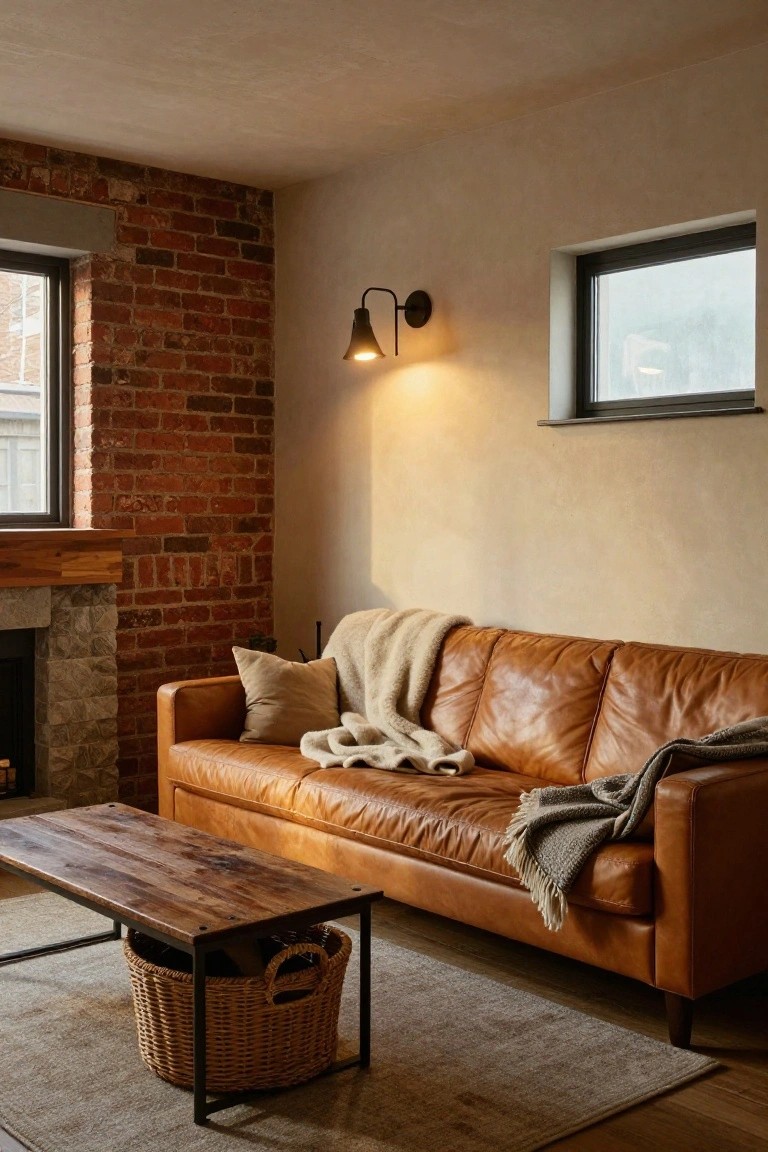 Tan leather three-seater sofa with cream pillows and light gray and beige throws in a living room with exposed brick wall, stone fireplace, wooden coffee table on black metal frame, wicker basket, wall sconce, and window.