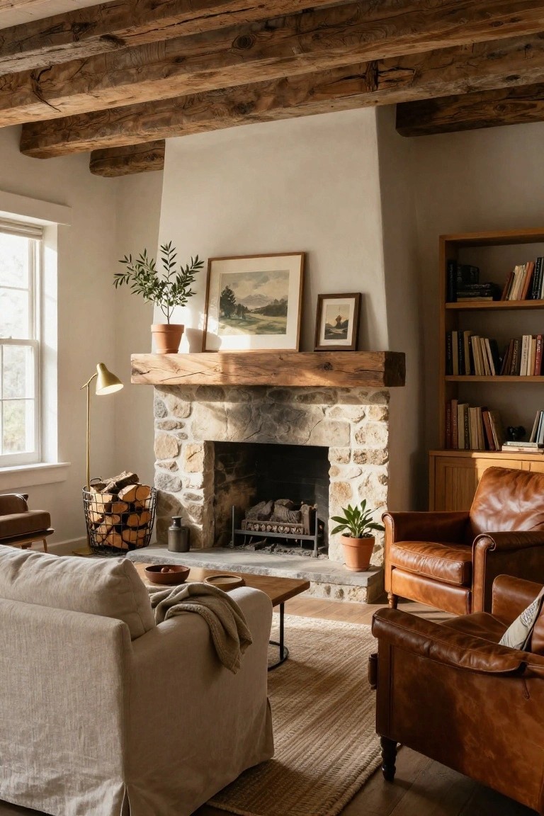 Living room with exposed wooden ceiling beams, white plaster walls, stone fireplace under wooden mantel, firewood basket, leather armchairs, linen sofa, bookshelves, plants, and arched window.