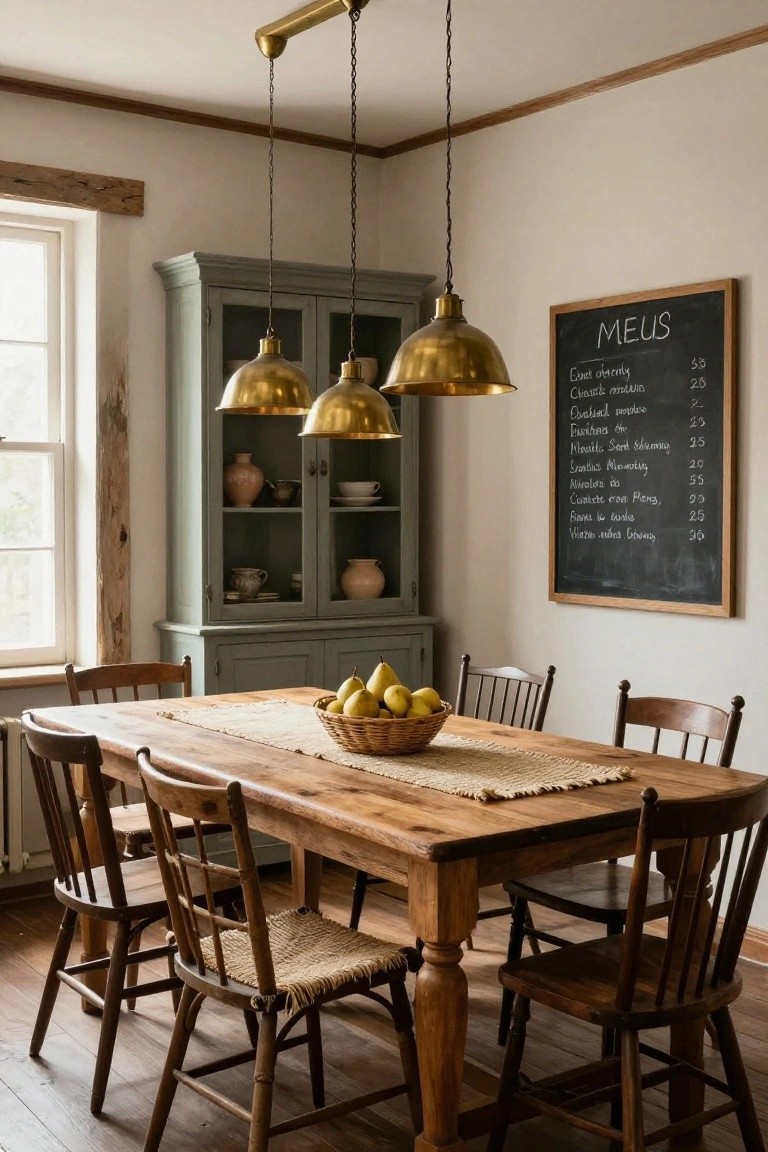 Cozy interior dining area with rectangular wooden table, mixed wooden chairs some with rush seats, brass pendant lights overhead, green glass-door cabinet, woven basket of pears on table, and chalkboard menu on wall.