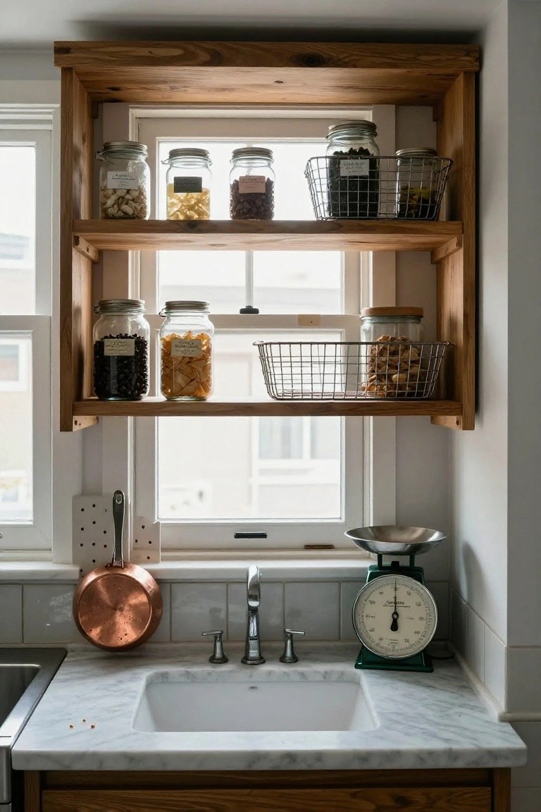 Wooden open shelves mounted above a kitchen window and sink, holding glass jars of dry goods like nuts, beans, and coffee, with a scale on the marble countertop below.