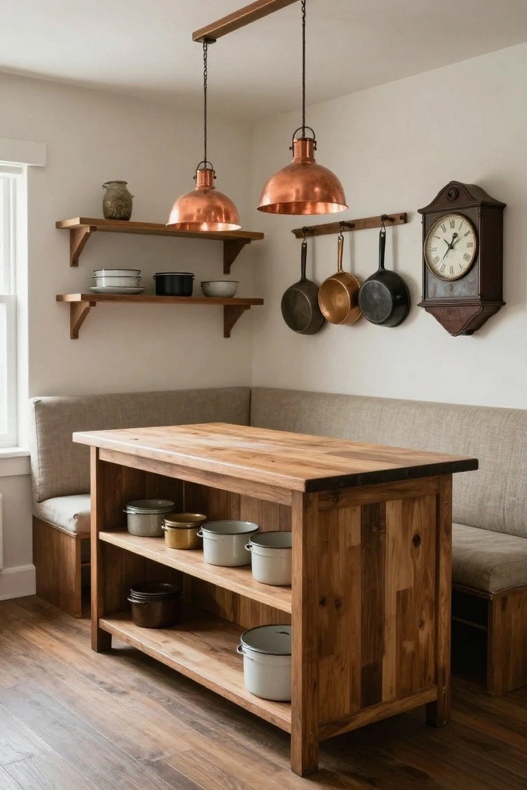 Corner of a white-walled kitchen with a built-in gray linen booth around a wooden island table, open shelves below holding white enamelware pots, copper pendant lights hanging above, hanging cookware on wooden racks, and a wooden clock on the wall.