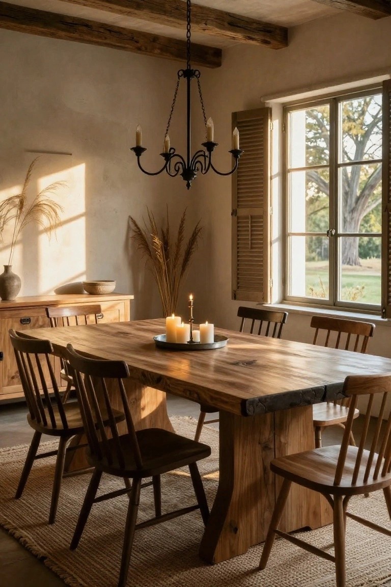 Rustic dining room with large live-edge wooden table, wooden chairs, candles on the table, pampas grass nearby, wooden sideboard, chandelier overhead, and window showing trees outside.