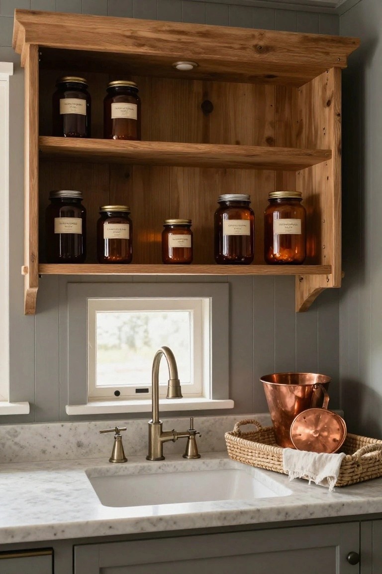 Rustic wooden open shelving unit above a white farmhouse sink in a kitchen, holding assorted labeled glass jars, with brass faucet, copper pots on marble countertop, and gray shiplap walls.