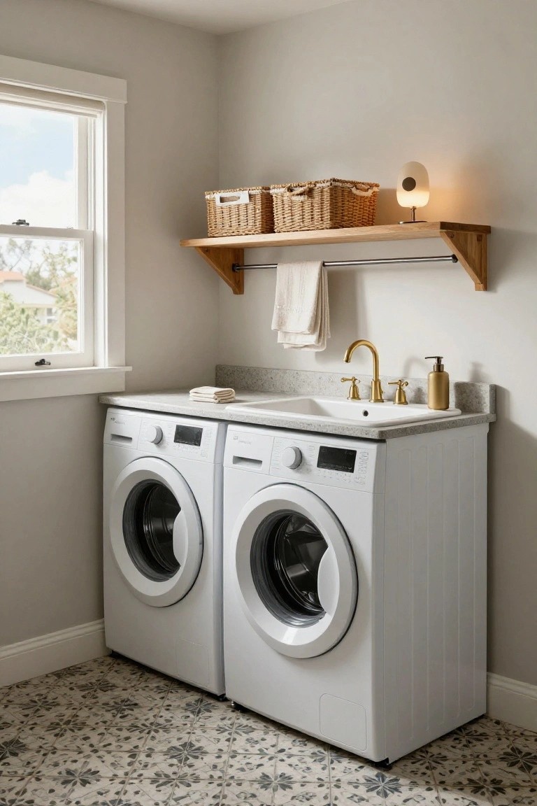 Laundry room with two white front-loading washers under a wooden floating shelf holding woven baskets and a towel bar, countertop utility sink with gold faucet between the machines, and gray patterned tile floor.