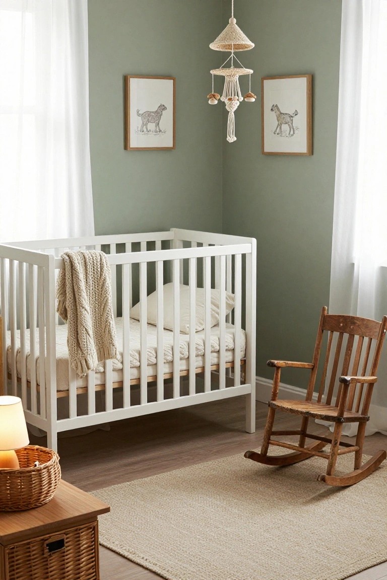 Sage green nursery room with white crib draped in knit blanket and pillow, wooden rocking chair nearby, macrame mobile with horse motifs hanging from ceiling, framed line art of dogs on walls, sheer curtains at windows, table lamp and wicker basket on wooden side table, beige rug on hardwood floor