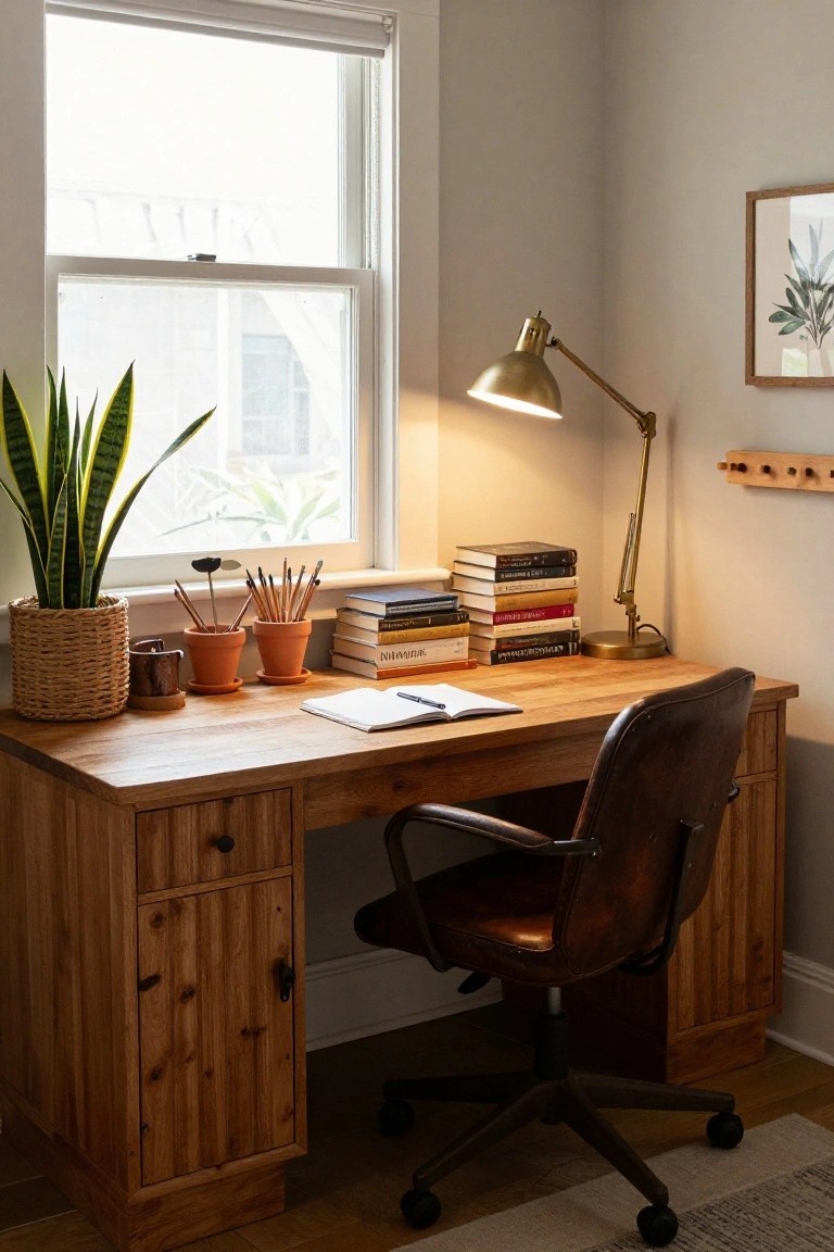 Wooden desk with slatted drawers and brown leather swivel chair in a beige room, snake plant in basket, stacked books, brass lamp, and window with roller blind.