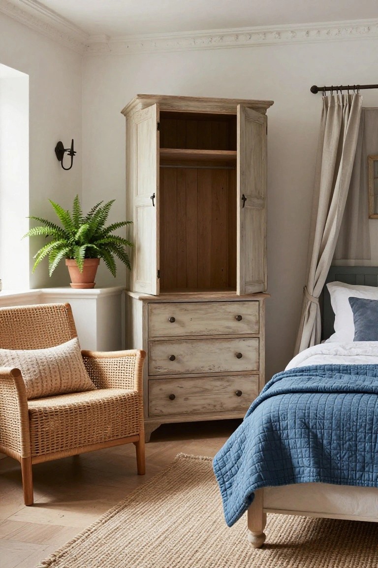 Corner of a light bedroom with open whitewashed wooden armoire, matching chest of drawers below it, rattan armchair with beige cushions, potted fern on a pedestal, and bed with blue quilt in background.