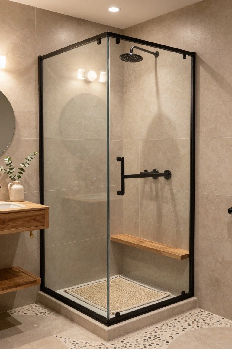 Corner glass shower enclosure with black metal frame and rain showerhead, wooden bench seat inside, adjacent wooden vanity and shelf, beige tiled walls and pebble floor accents in a bathroom.