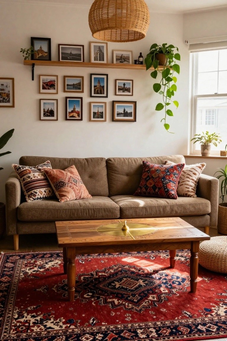 Apartment living room with tan sofa piled with patterned pillows, wooden coffee table on red patterned rug, floating shelves holding multiple framed travel photos above the sofa, rattan pendant light overhead, and potted plants near a window.