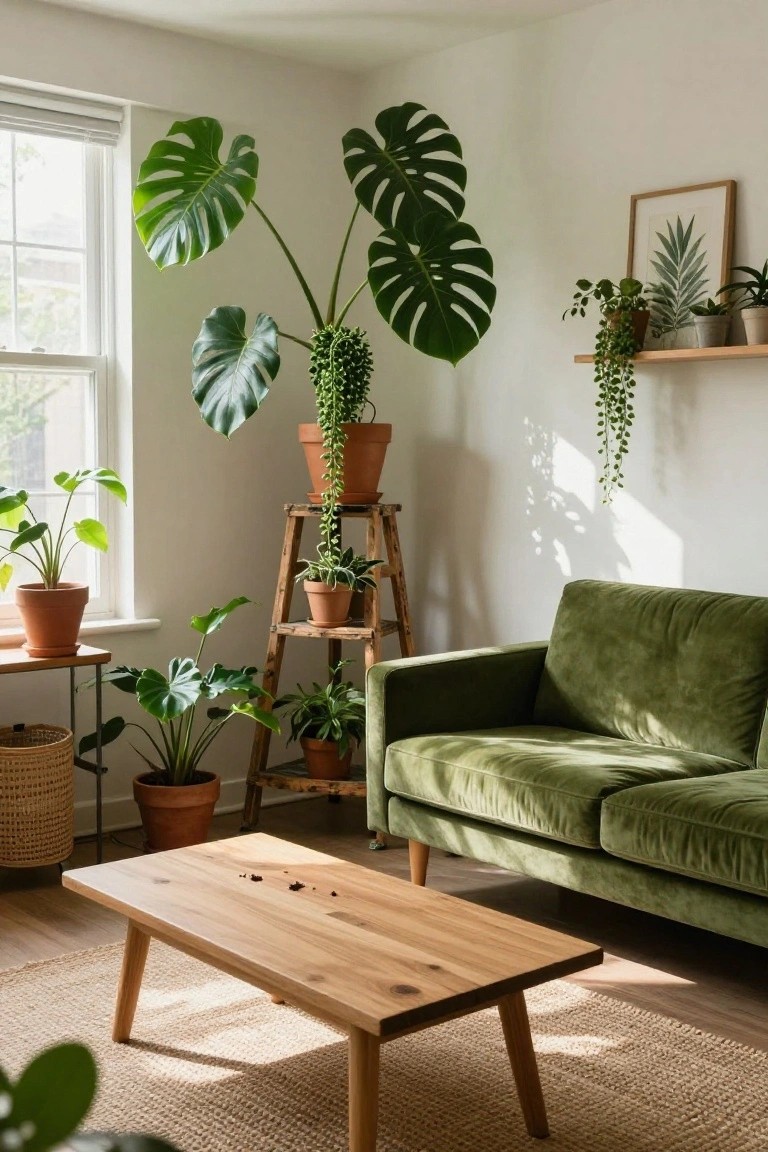 Bright apartment living room featuring white walls, a green velvet sofa, wooden coffee table, large potted monstera plants near windows, plants on a wooden ladder shelf, and various hanging and potted greenery.