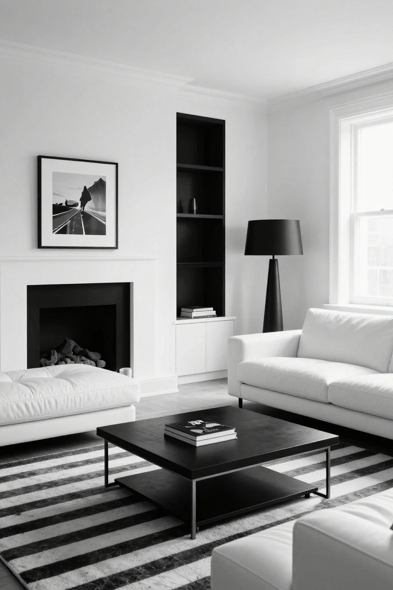 Black and white living room with white sofas and ottomans, black coffee table, striped rug, black built-in shelving and cabinets next to a white fireplace with black surround, black floor lamp, and framed photo on wall.