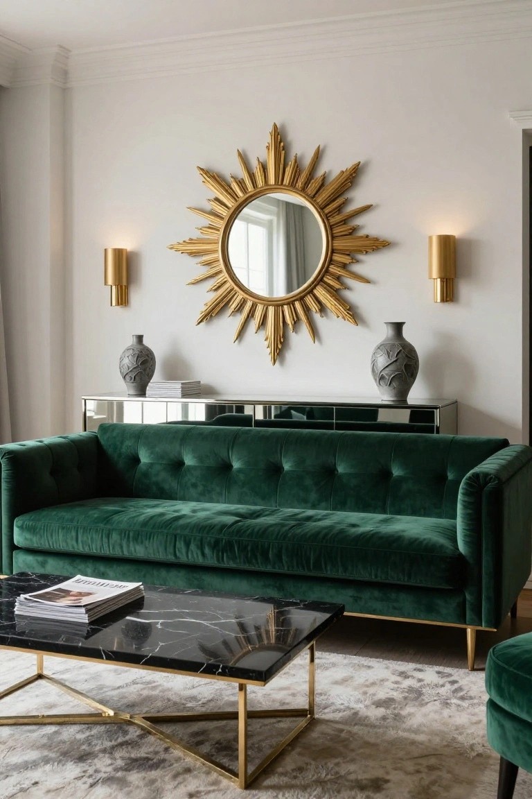 Emerald green velvet tufted sofa in a white-walled living room with gold sunburst mirror above mirrored console table, gold wall sconces, gray ceramic vases, black marble coffee table with gold base, light gray rug, and matching green ottoman.