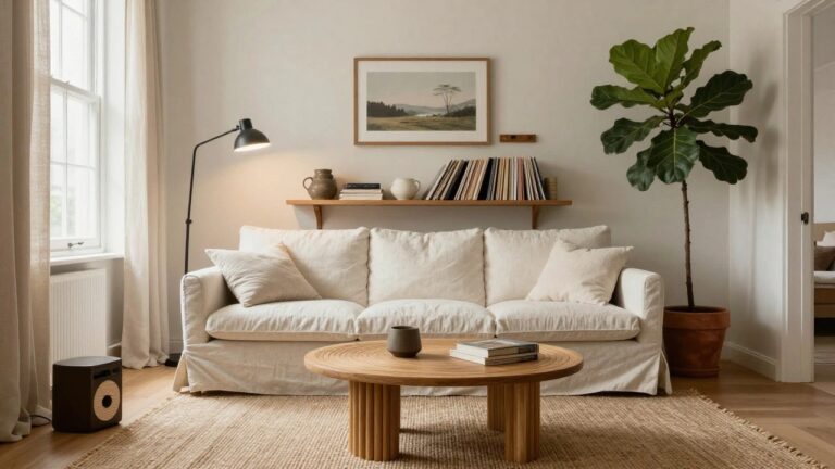A cozy living room featuring a cream linen sofa with throw pillows and blanket, round fluted oak coffee table with a black dish, tall fiddle leaf fig plant in terracotta pot, oak shelving unit with books and ceramics, sheer curtains on a large window, and an arched floor lamp.