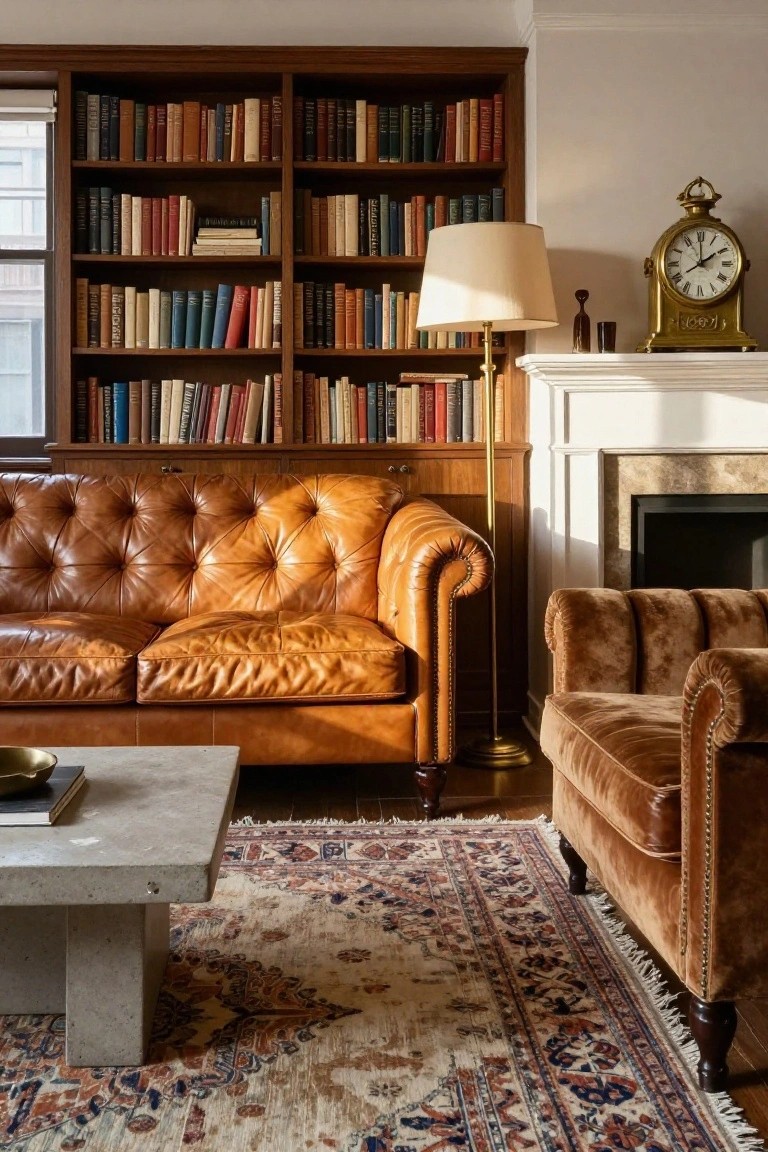 Living room interior with tan tufted leather Chesterfield sofa and matching chair, wooden bookshelves filled with books, concrete coffee table, brass lamp and clock, stone fireplace, and patterned rug.