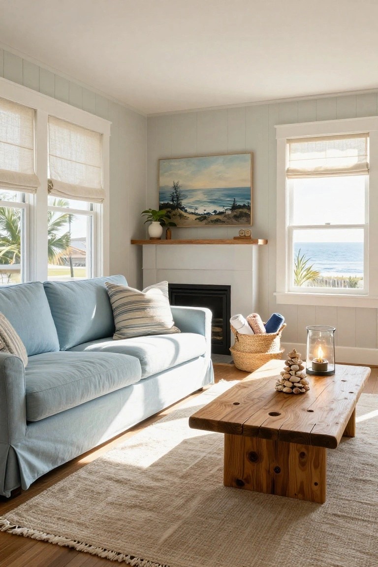 Light blue slipcovered sofa in a corner living room with pale wood-paneled walls, wooden coffee table holding shells and a candle, fireplace, basket of towels, and large windows showing ocean view.