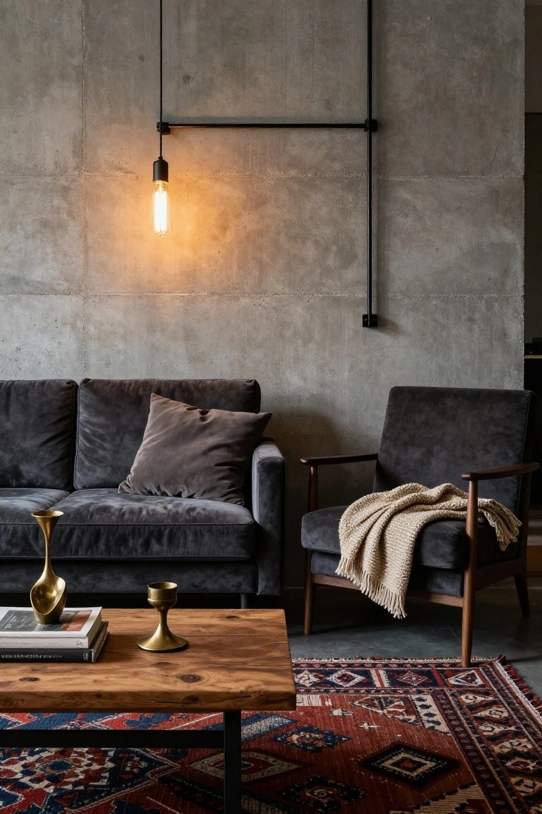 Apartment living room with exposed concrete walls, black pendant light with exposed bulb, gray velvet L-shaped sofa with pillows, wooden armchair with knit throw, brass candlesticks and stacked books on rustic wood coffee table, and red-blue patterned rug.