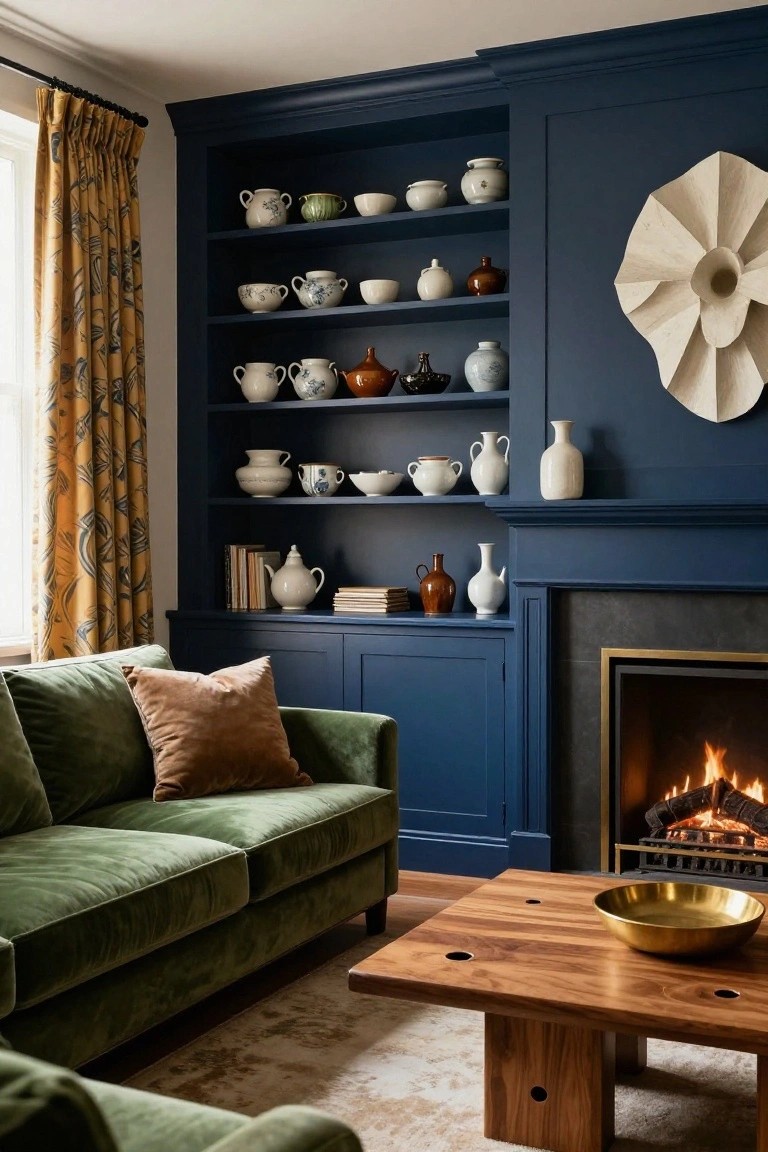 Living room with deep navy painted built-in shelving and cabinets filled with assorted ceramic pots, vases, and bowls around a black fireplace with fire lit, green velvet sofa, wooden coffee table holding gold bowl, and yellow patterned curtains at window.